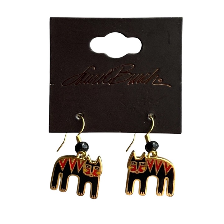 Laurel Burch Tiger Cat Enameled Black/Red Dangle Earrings 2005 Signed