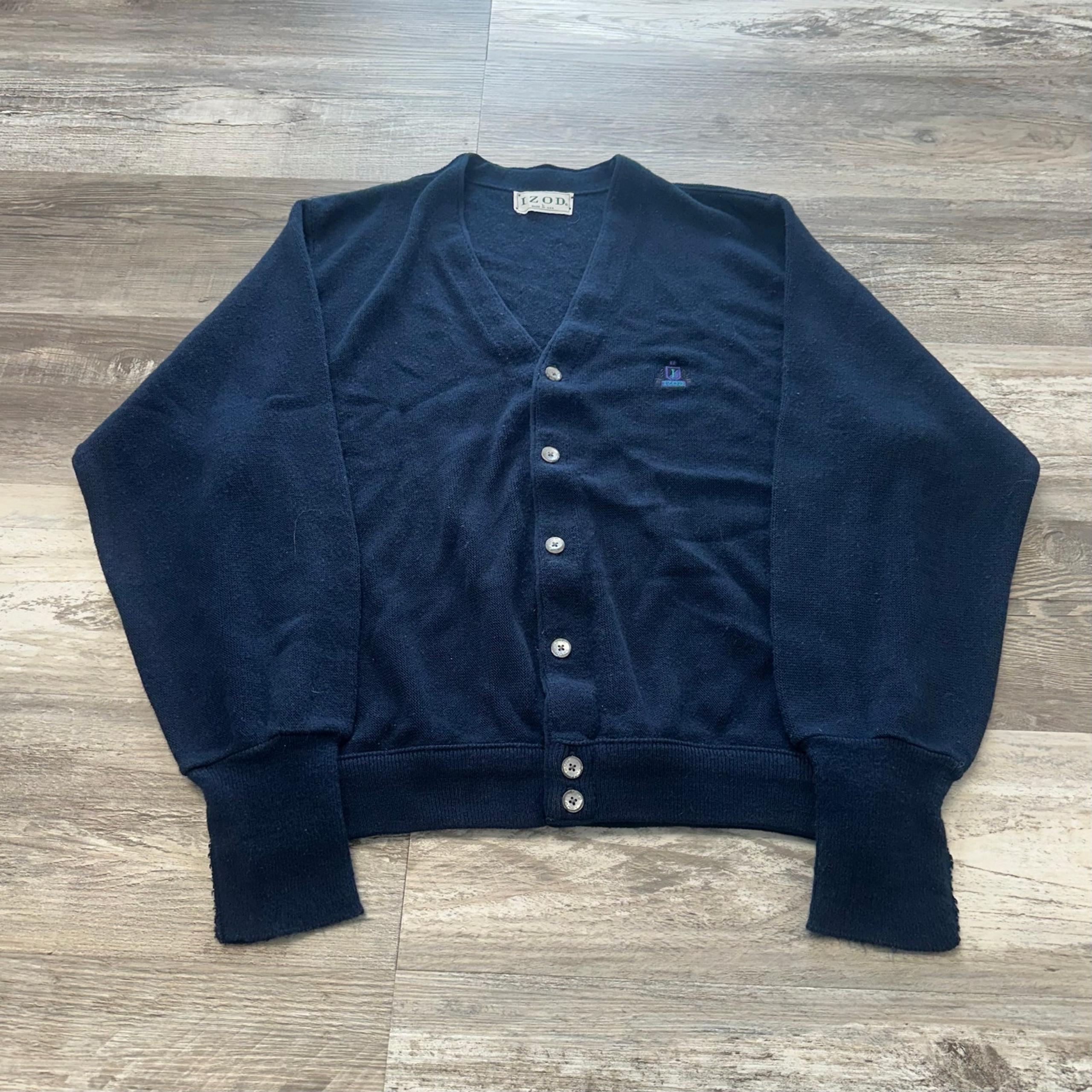 Vintage Izod Navy Blue Mens L Embroidery Emblem Button Down USA Made Cardigan