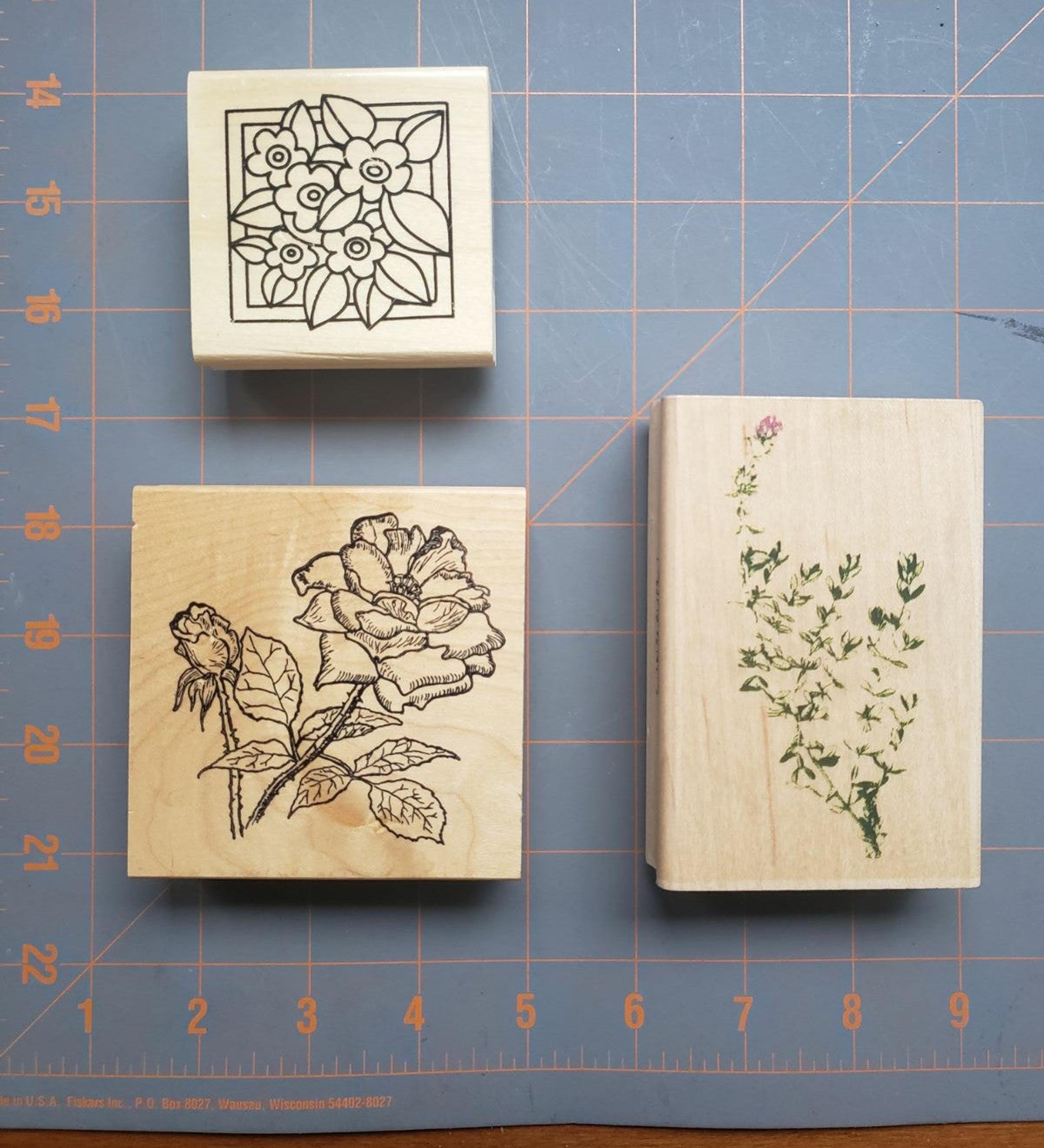 Stampin Up Flowers set of 3 vintage stamps floral wooden block 3 by 3 inches