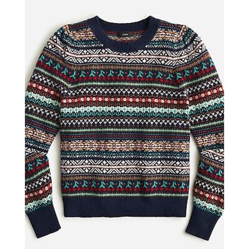 J. Crew Puff Sleeve Navy Heather Emerald Fair Isle Crewneck Sweater XXS Wool