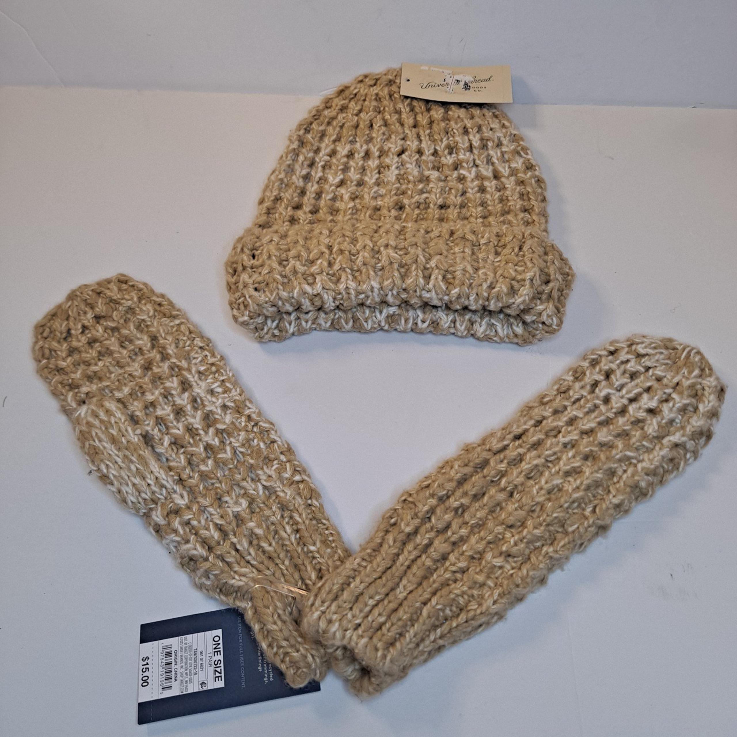 Universal Thread Knit Hat & Mittens Set Womens tan One Size