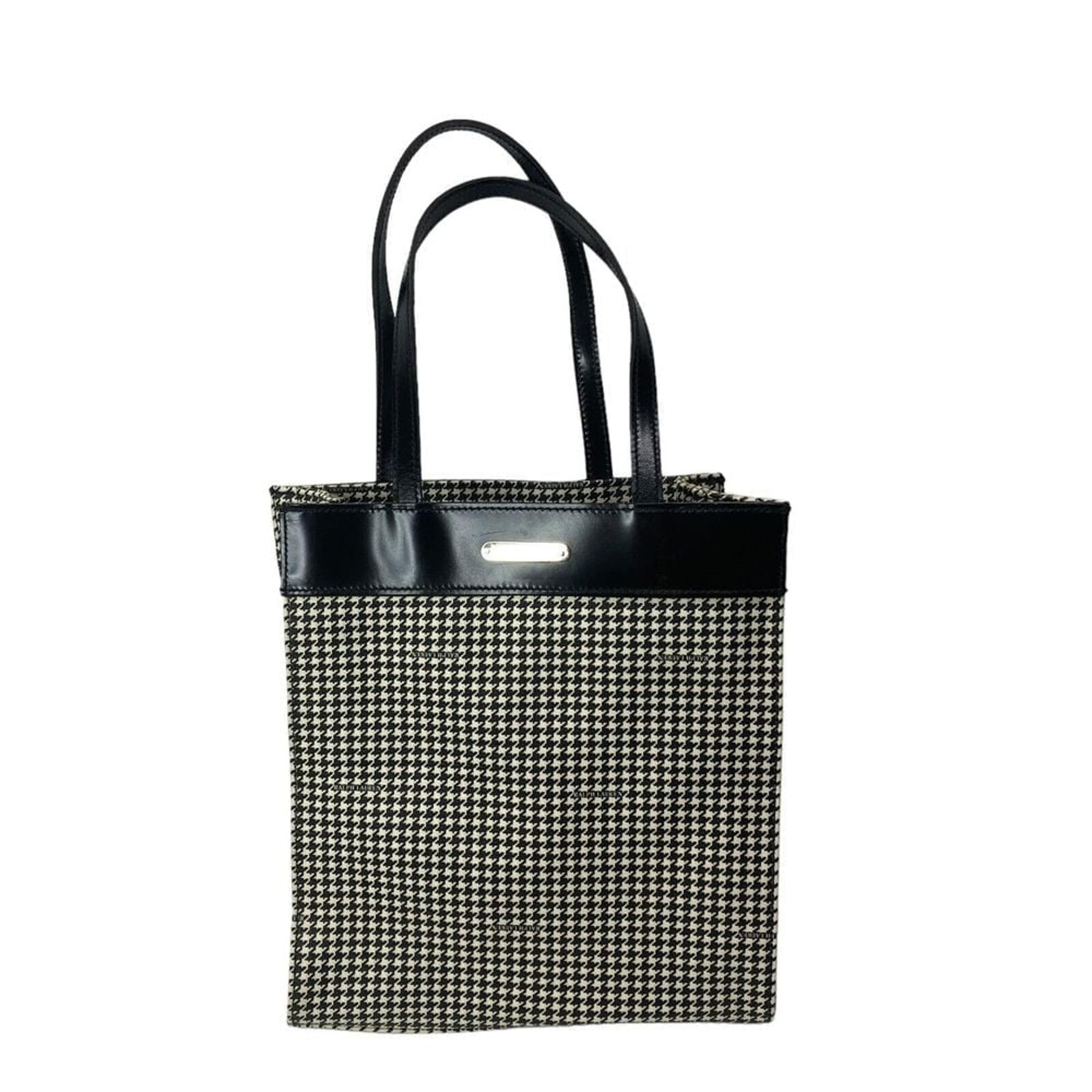 Vtg Ralph Lauren Houndstooth Coated Canvas Purse Tote Black White Double Handle