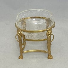 Vintage Polished Brass 5 1/4 LION HEAD Stand & CRACKLE GLASS Potpourri Bowl