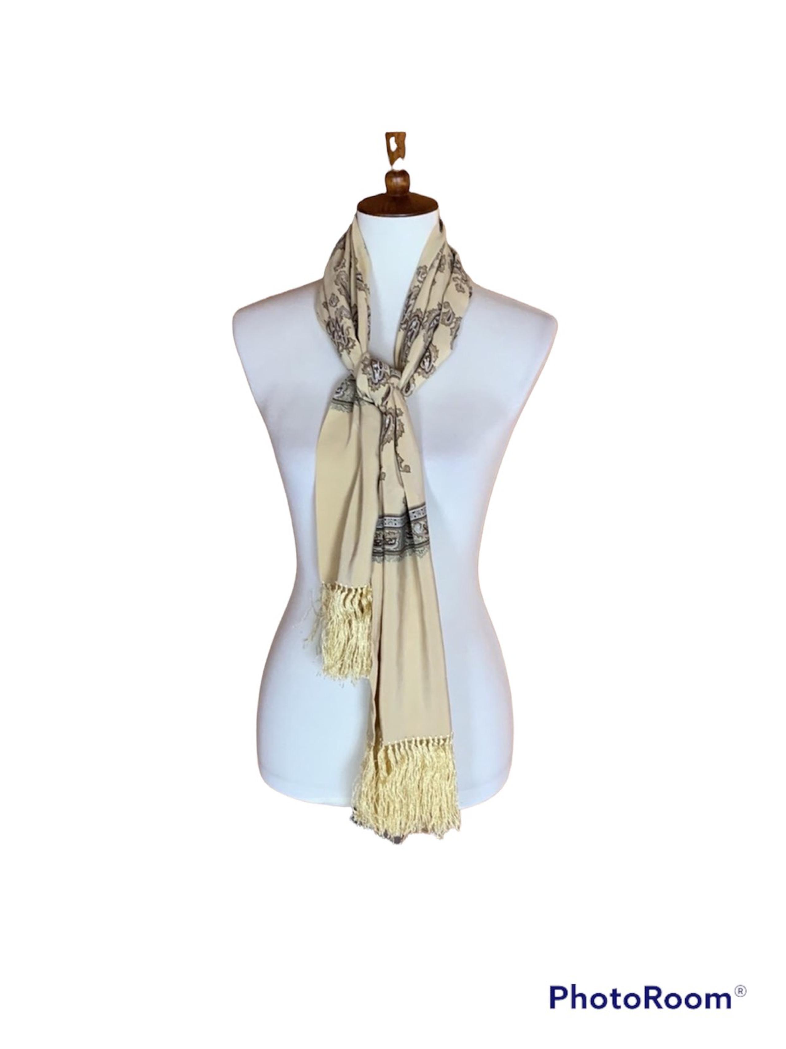 DKNY / Donna Karan yellow silk scarf with paisley print and fringe trim