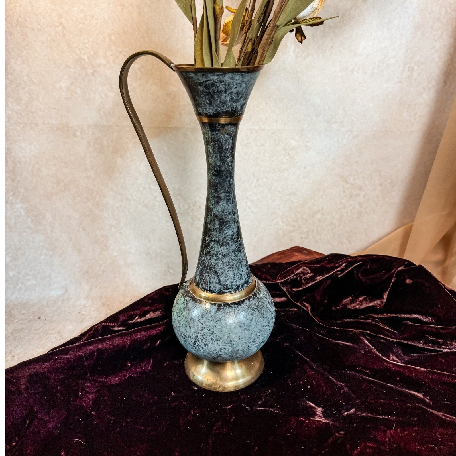 vintage verdigris and brass slender pitcher enamel vase