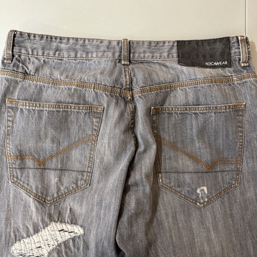 Vintage Rocawear Classic Baggy Fit Black Faded Distressed Denim Jeans Size 38X34