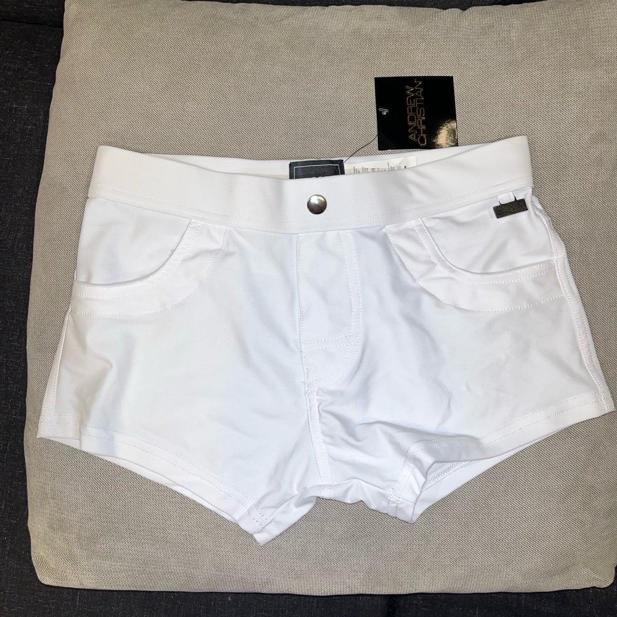 White swim trunk Shorts. Andrew Christian. Size medium.