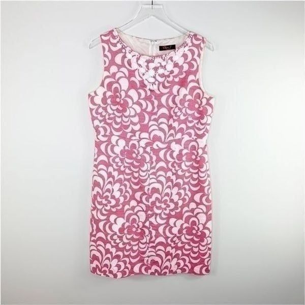 Eliza J Pink White Linen Blend Floral Sleeveless Sheath Dress w/White Beading Lg