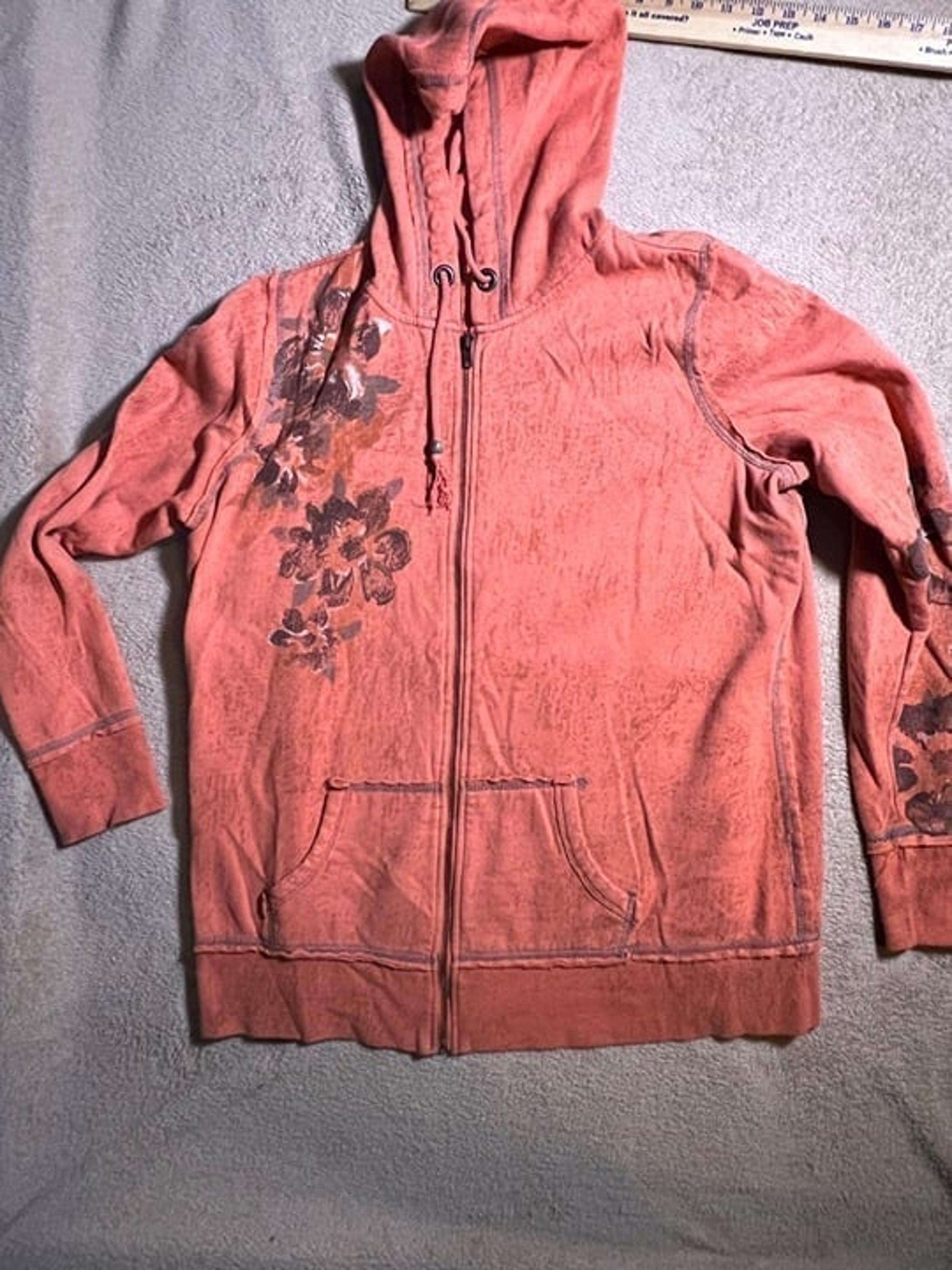 Maurices Junior Sz 1 Orange Full Zip Hoodie Pocket Jacket Floral Graphic (N)