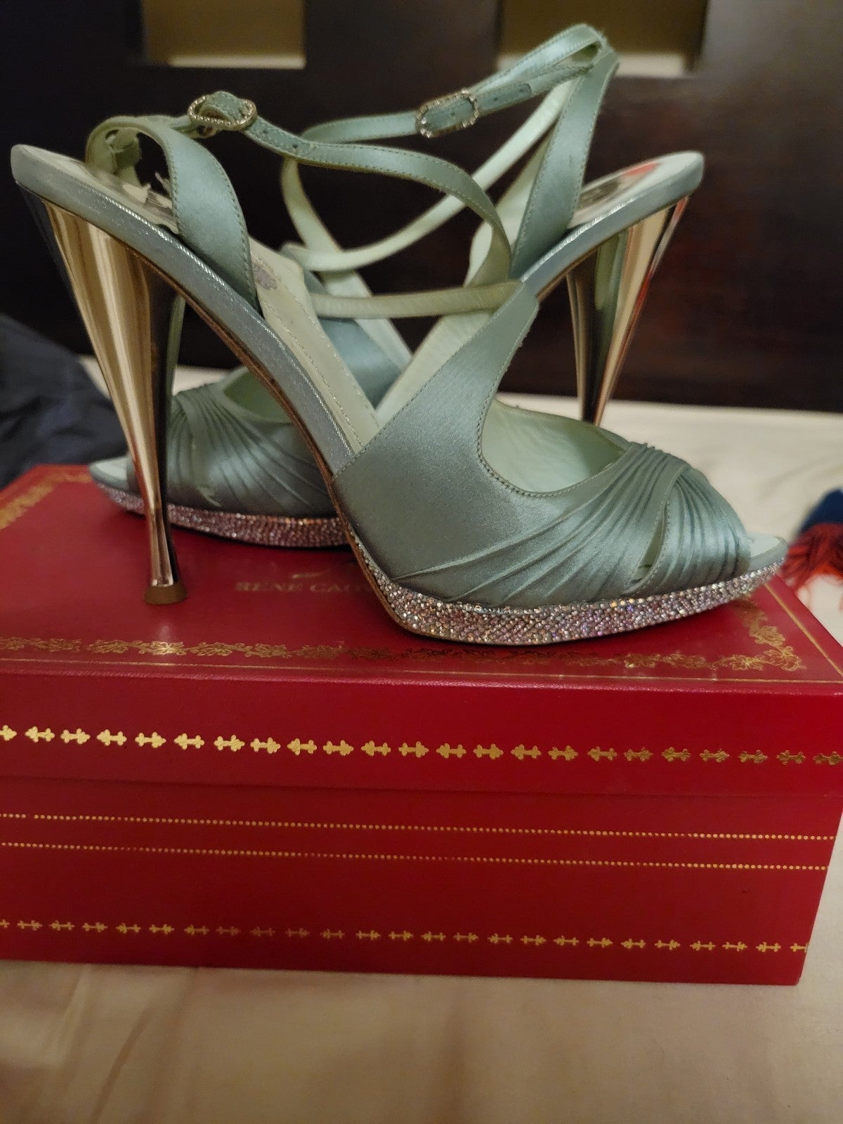 Rene Caovilla Light Green Satin Crystal Heels
