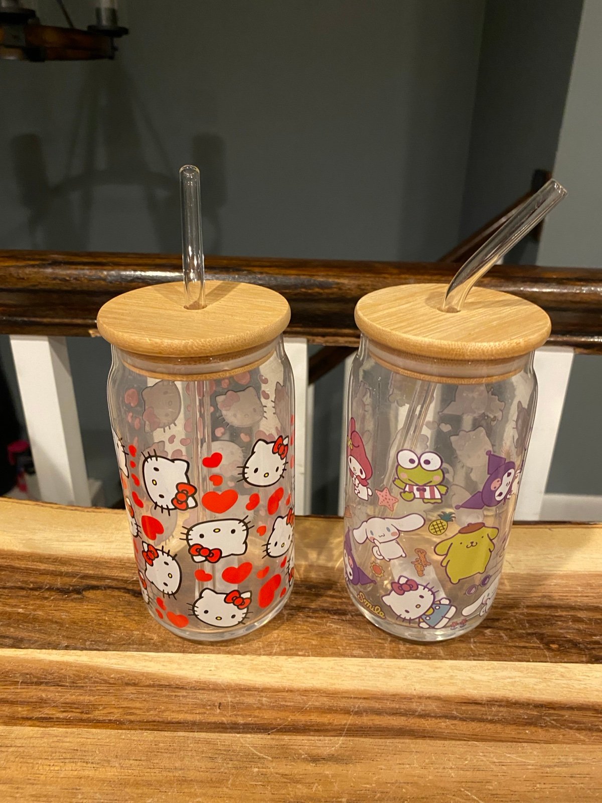 2 Hello Kitty (Hello Kitty & Friends) glass tumblers with straws