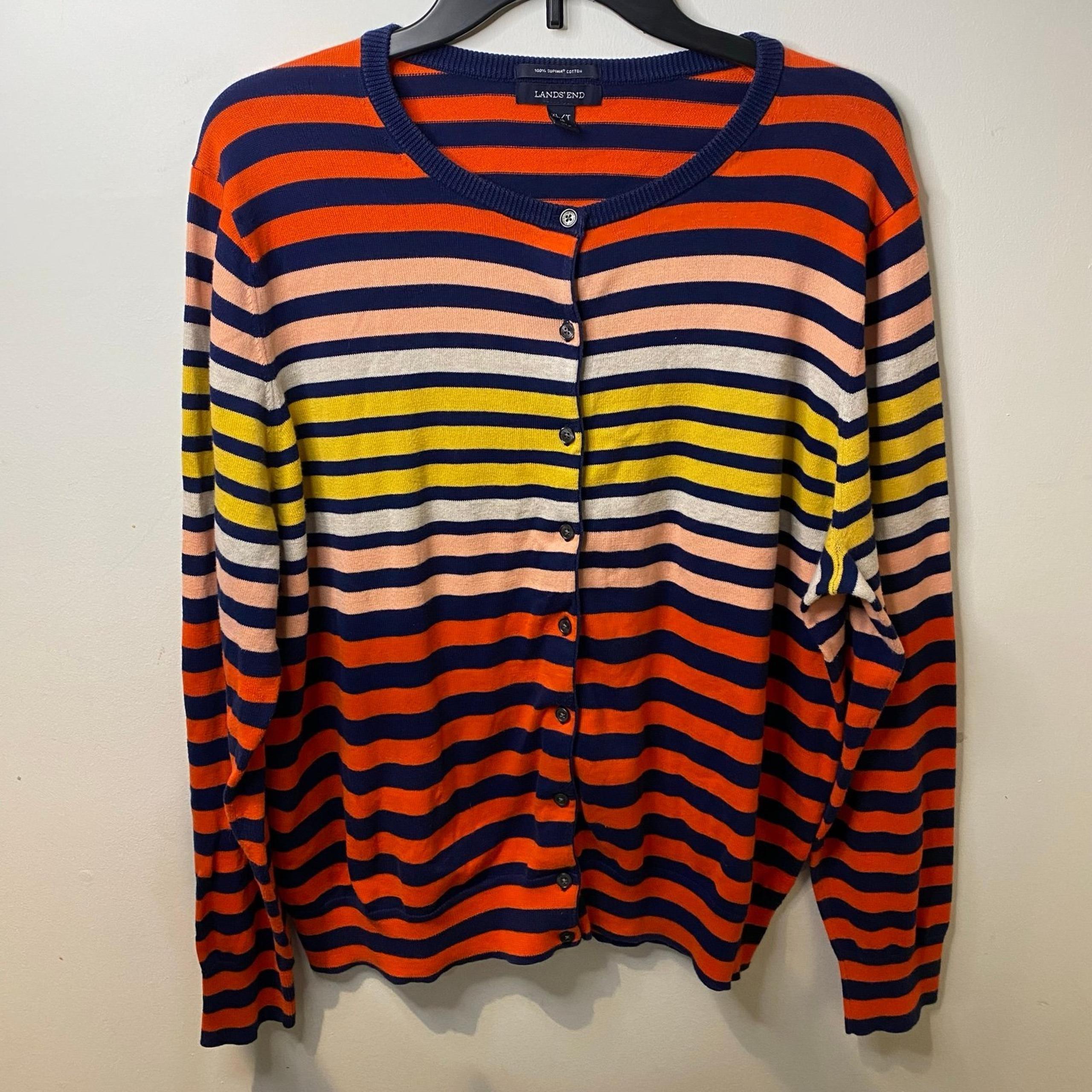 Lands’ End Women’s Button Front Supima Cotton Multicolored Cardigan Sweater- XL