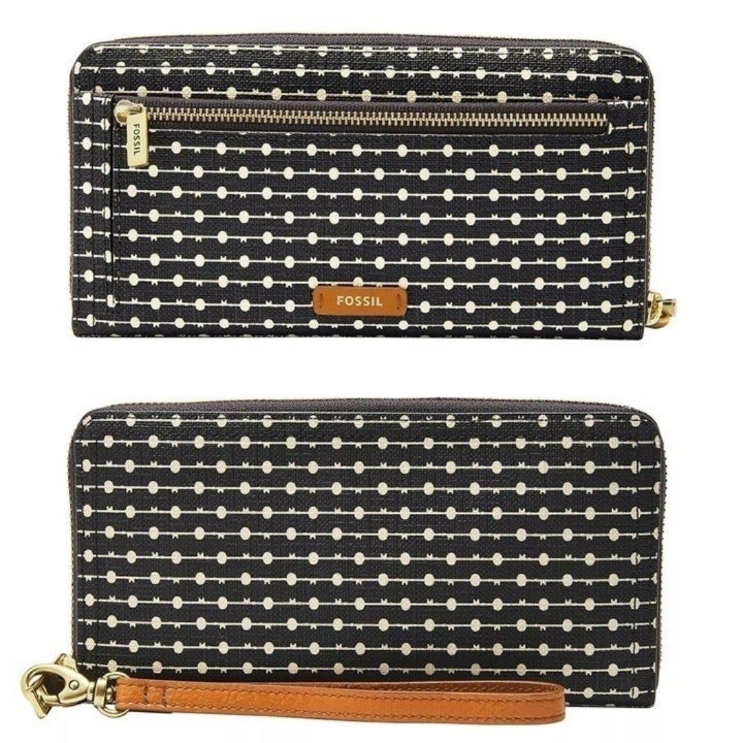 New! FOSSIL Logan RFID Wallet Zip Around Clutch Wristlet Strap Black Stripe