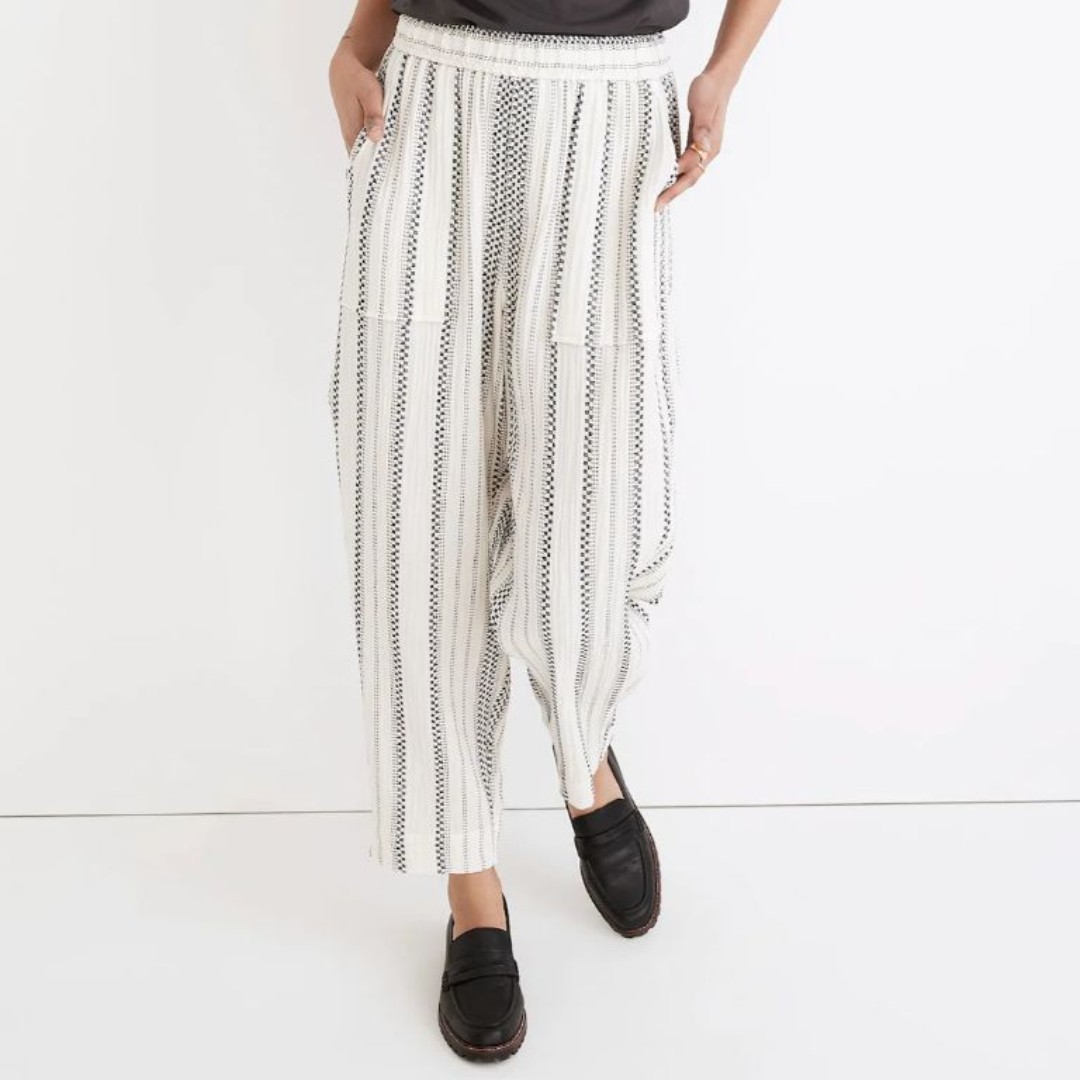 Madewell Sz M Lightspun Pull-On Balloon Pants Blue Ivory 2 Pockets Elastic Waist