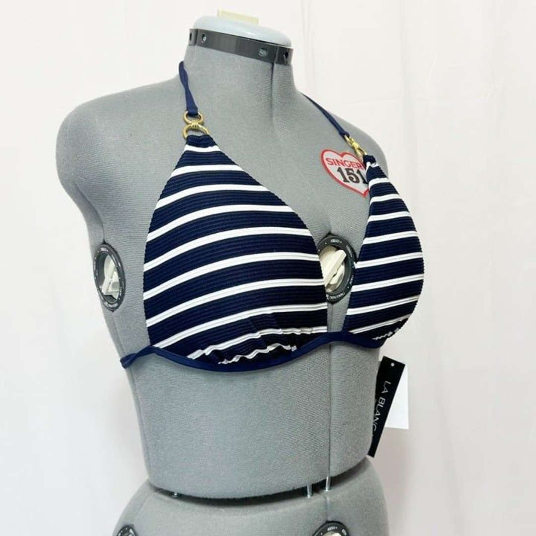 La Blanca NWT Sz 14 Indigo/Capri Stripe Rouched Halter Bikini Swimsuit Top