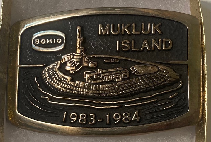 Vintage 1983 Metal Belt Buckle, Brass, Sohio, Mukluk Island, Oil Well, Oil