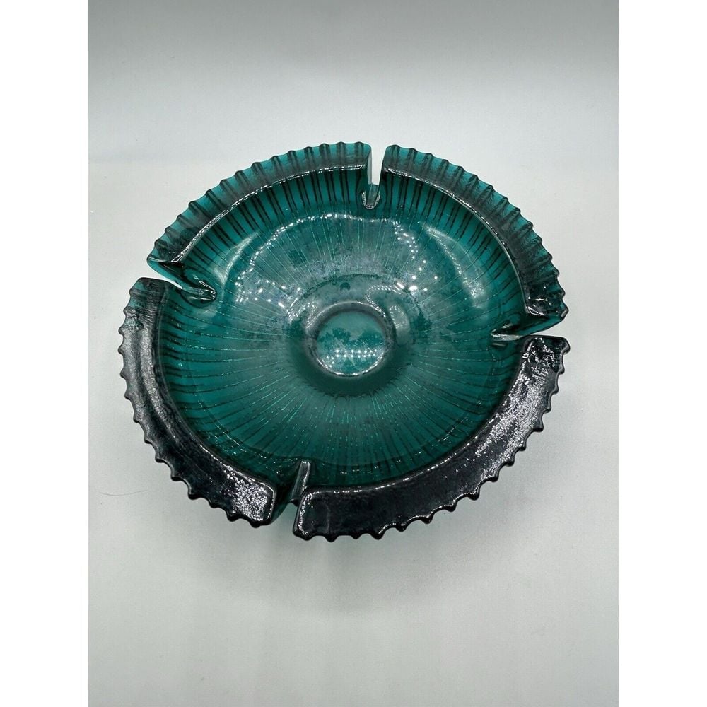 Blenko Turquoise Green Sunburst Glass Ashtray MCM vintage