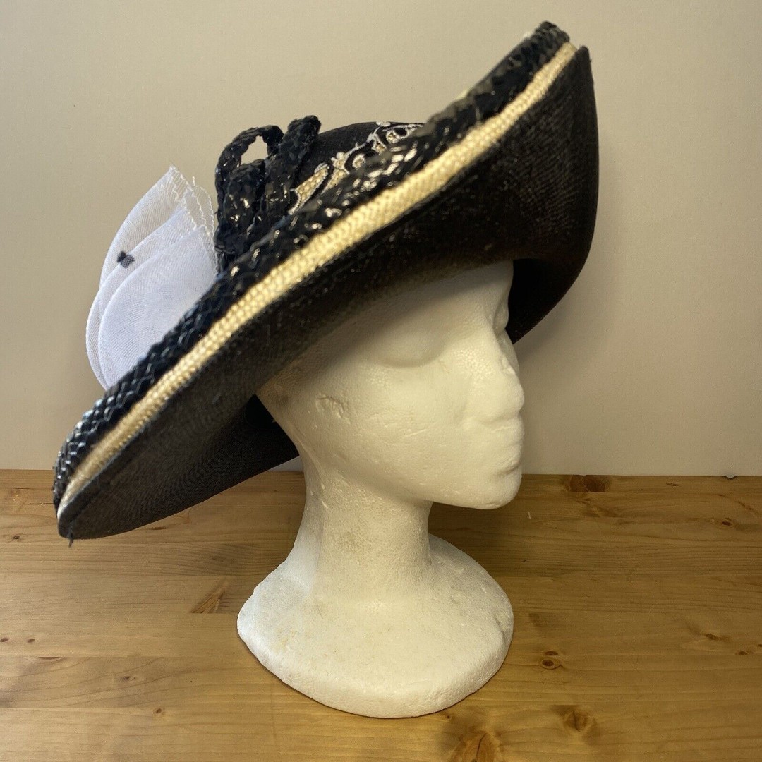 McClendon Millinery Hat Black & Natural Straw Derby Fashion Church Theater Hat