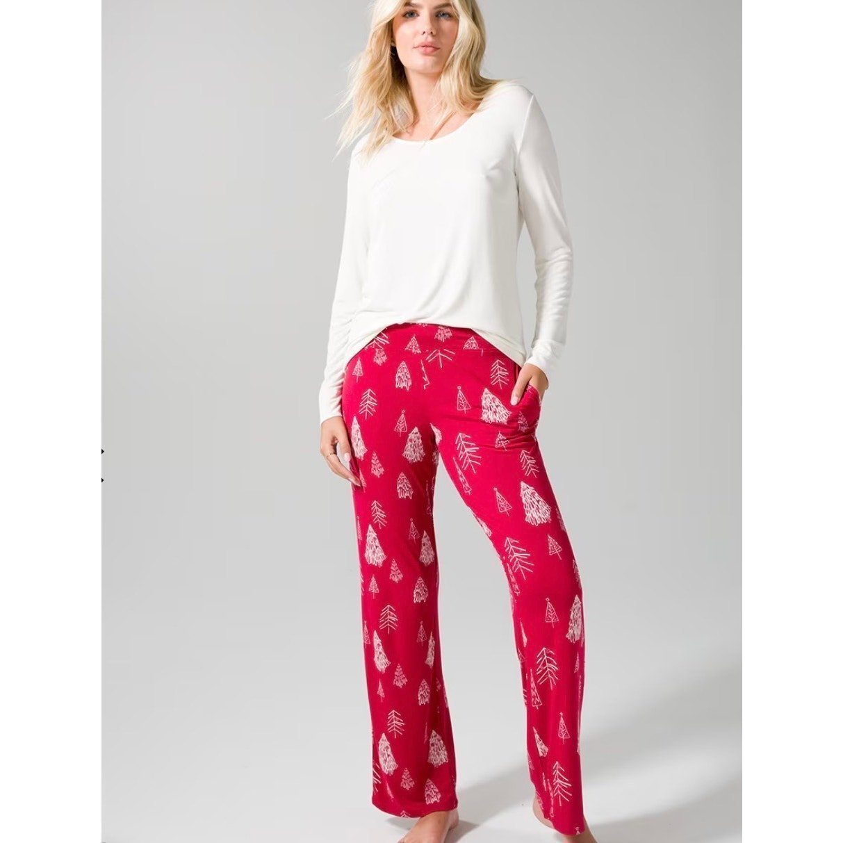 NWT Soma Cool Nights Long Sleeve Pajama Full Set Doodle Trees Raphael Red SZ XL
