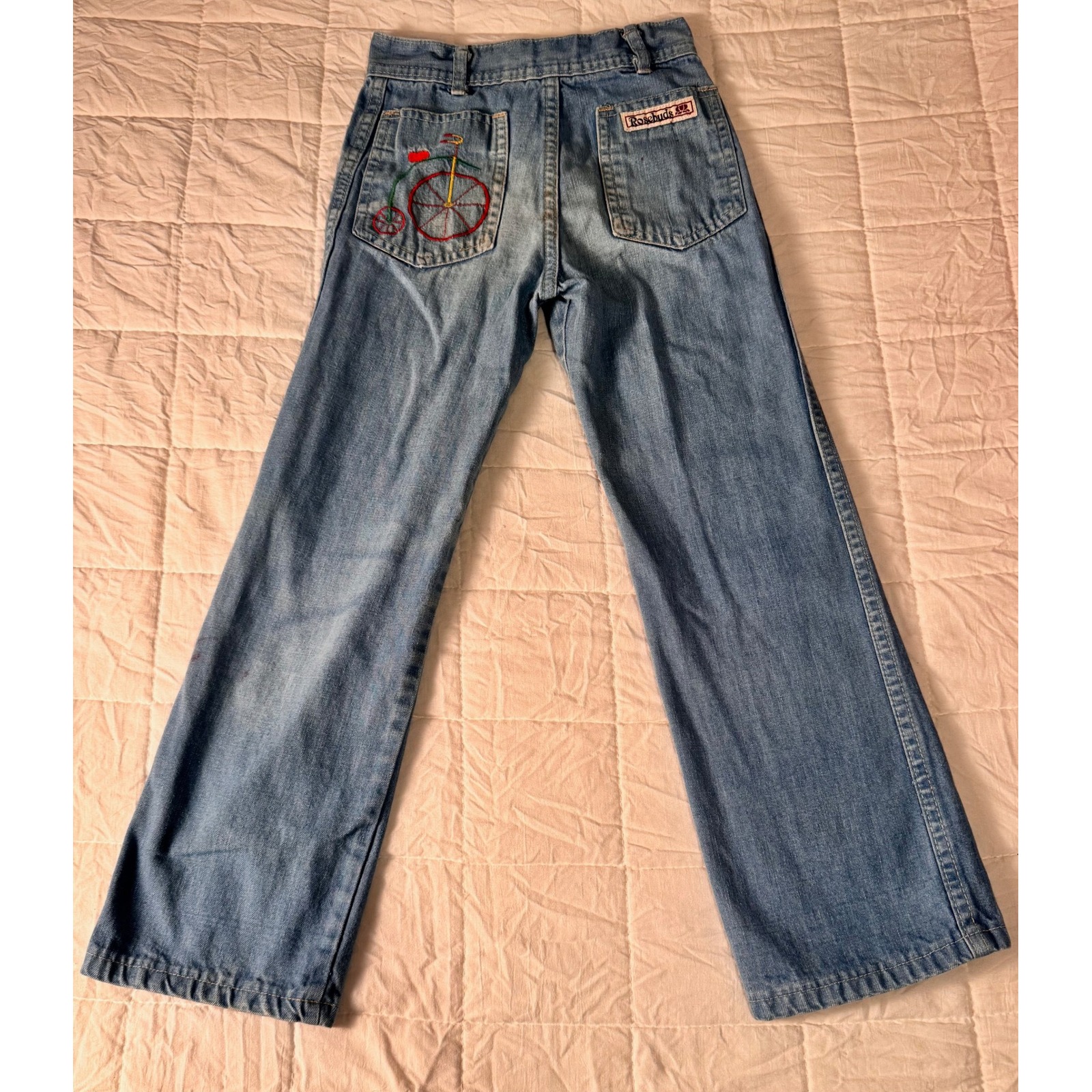 Rosebuds Vintage Denim Jeans Bicycle Embroidery Light Wash Kids Size 7
