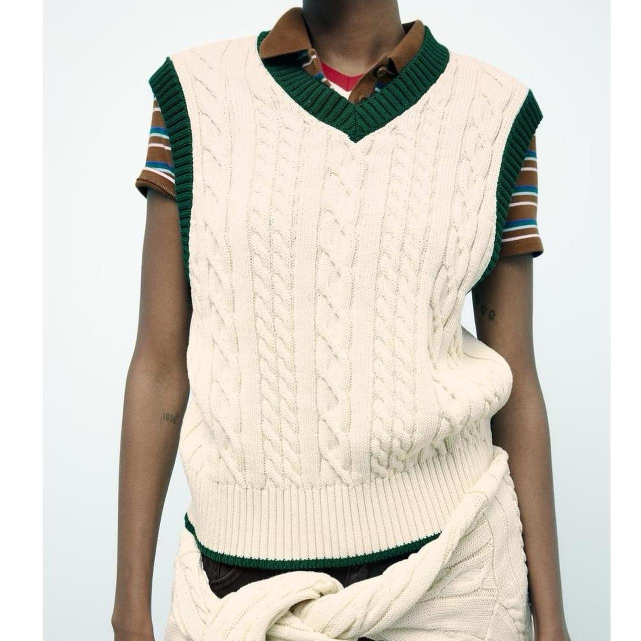 NWT Zara Cable Knit Varsity Sweater Vest in Cream/Green - S
