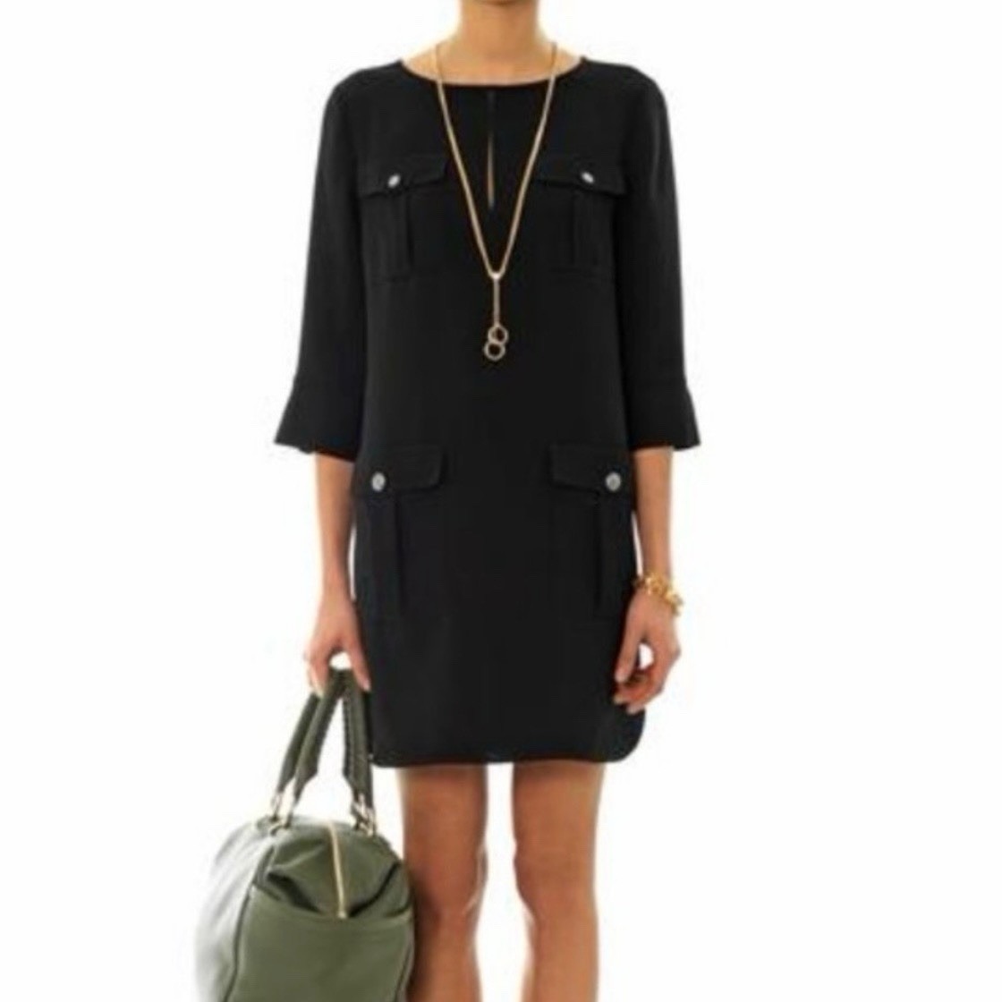 Diane Von Furstenberg Black Agness 3/4 Sleeve Crepe Dress Size 10 Pockets