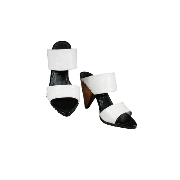 Alice + Olivia Sz 37 White Black Wood Heel Textured Open Toe 4 Heels