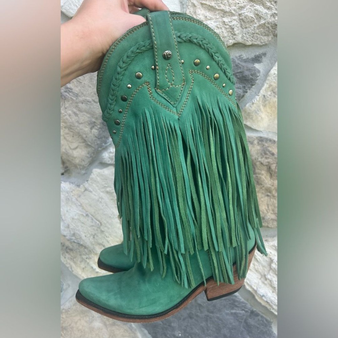 Liberty Black Vegas Fringe Boots Sz 7 Turquoise Teal Green Leather Western Rodeo