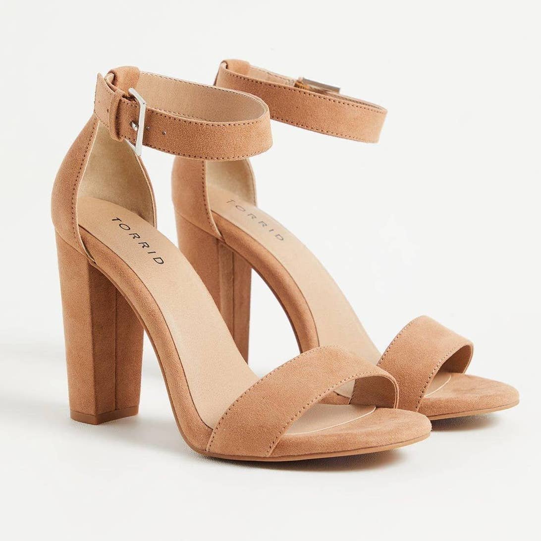 New Torrid 8.5WW Sexy Light Tan Brown Faux Suede Two Strap Tapered 4 Heels
