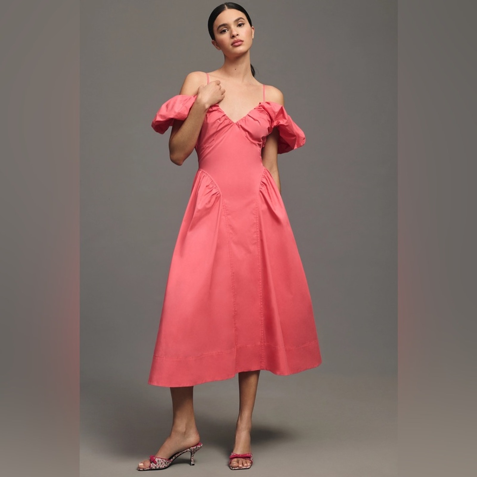 Anthropologie English Factory Off-The-Shoulder Puff-Sleeve Midi Dress Size Small