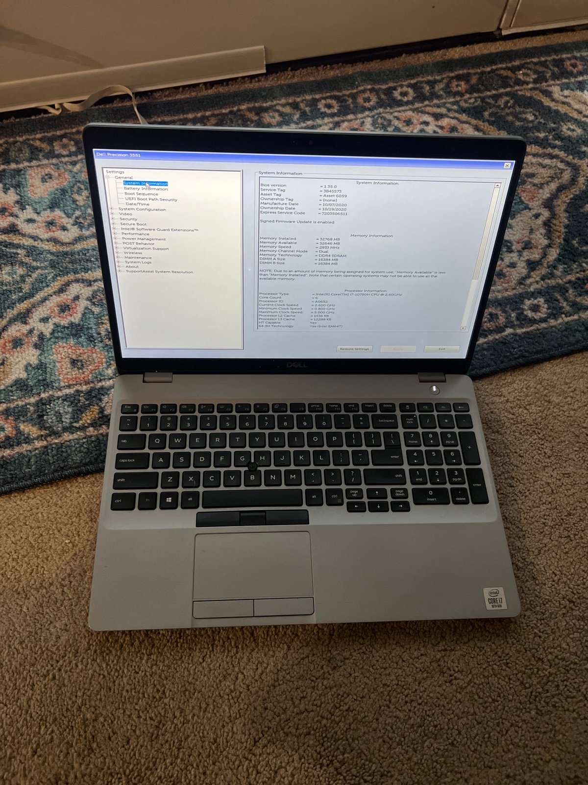 Dell Precision 3551 Laptop i7-10750H 2.60GHz Has  RAM No HDD