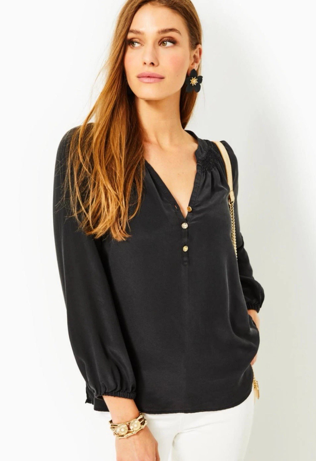 Lilly Pulitzer Black 100% Silk Smocked Gold Button Top Women's size M