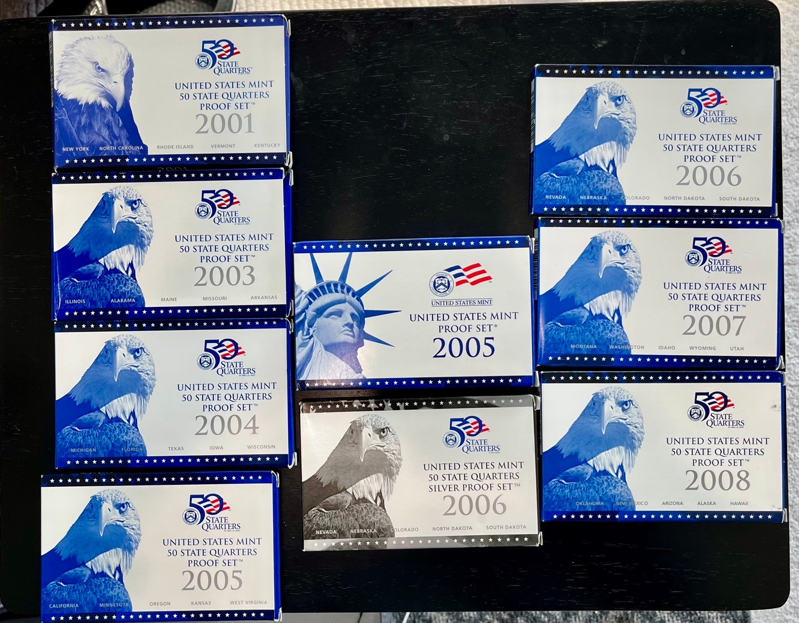 Lot (9) US Quarters Proof Sets Includ 2006 SILVER Quarters, 2005 Dble Set In OGP