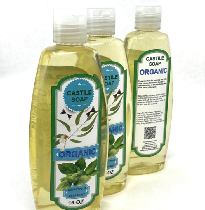 Castile Liquid Soap 3 Bottles, Organic 16 oz container Eucalyptus spearmint