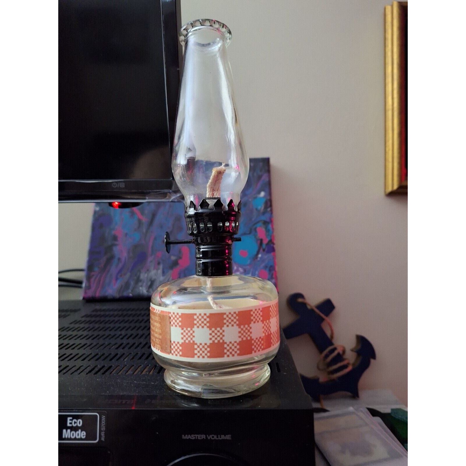 VINTAGE NEW GLASS KEROSENE LAMP -PAPER RED GINGHAM DECOR-HONG KONG-8 NEVER USED