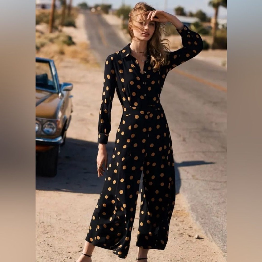 Anthropologie Loveland Wide Leg Tan Polka Dot Button Up Black Jumpsuit Size 2
