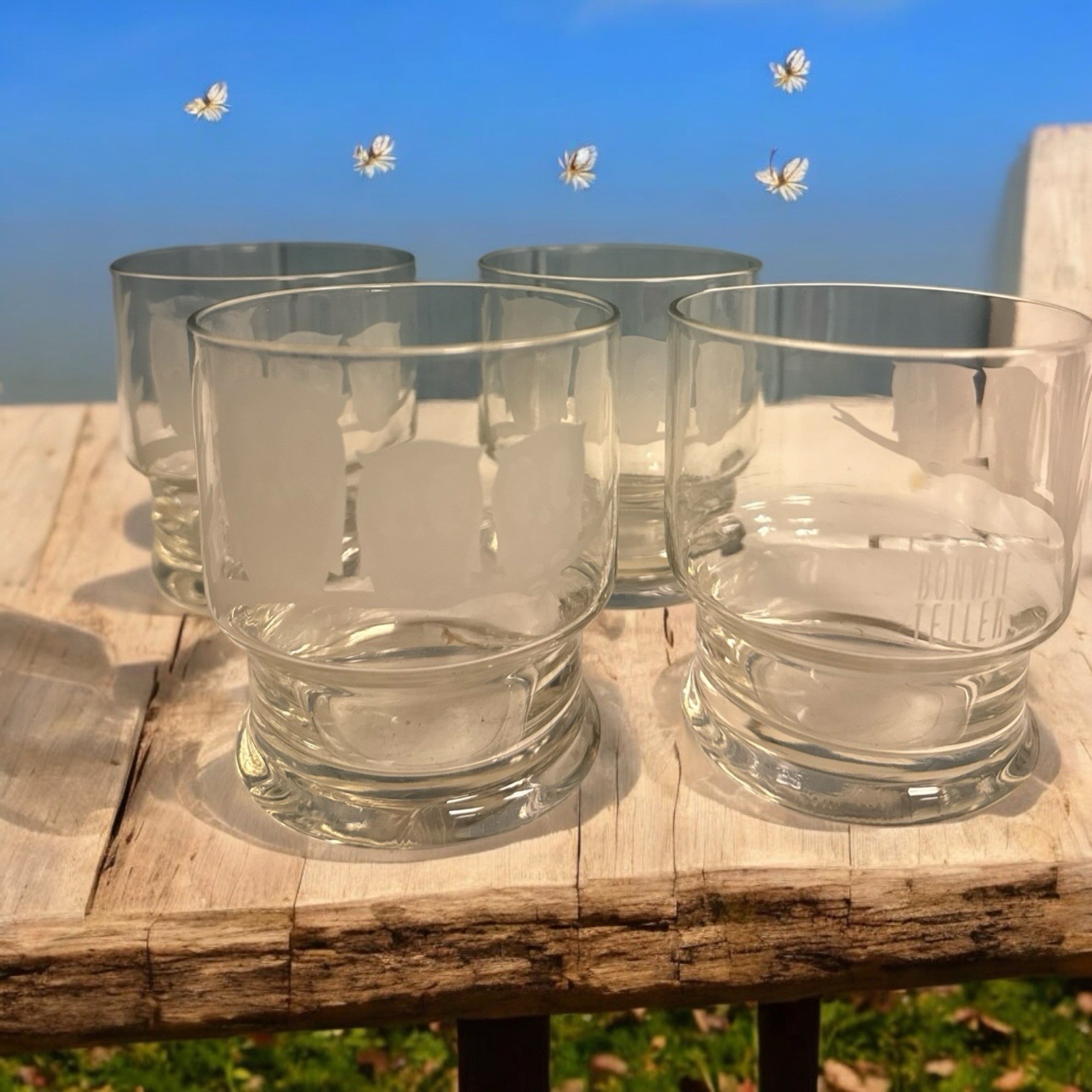 4 Vtg MCM Bonwit Teller Etched Frosted Owls Old Fashioned Tumbler 10 oz Glasses