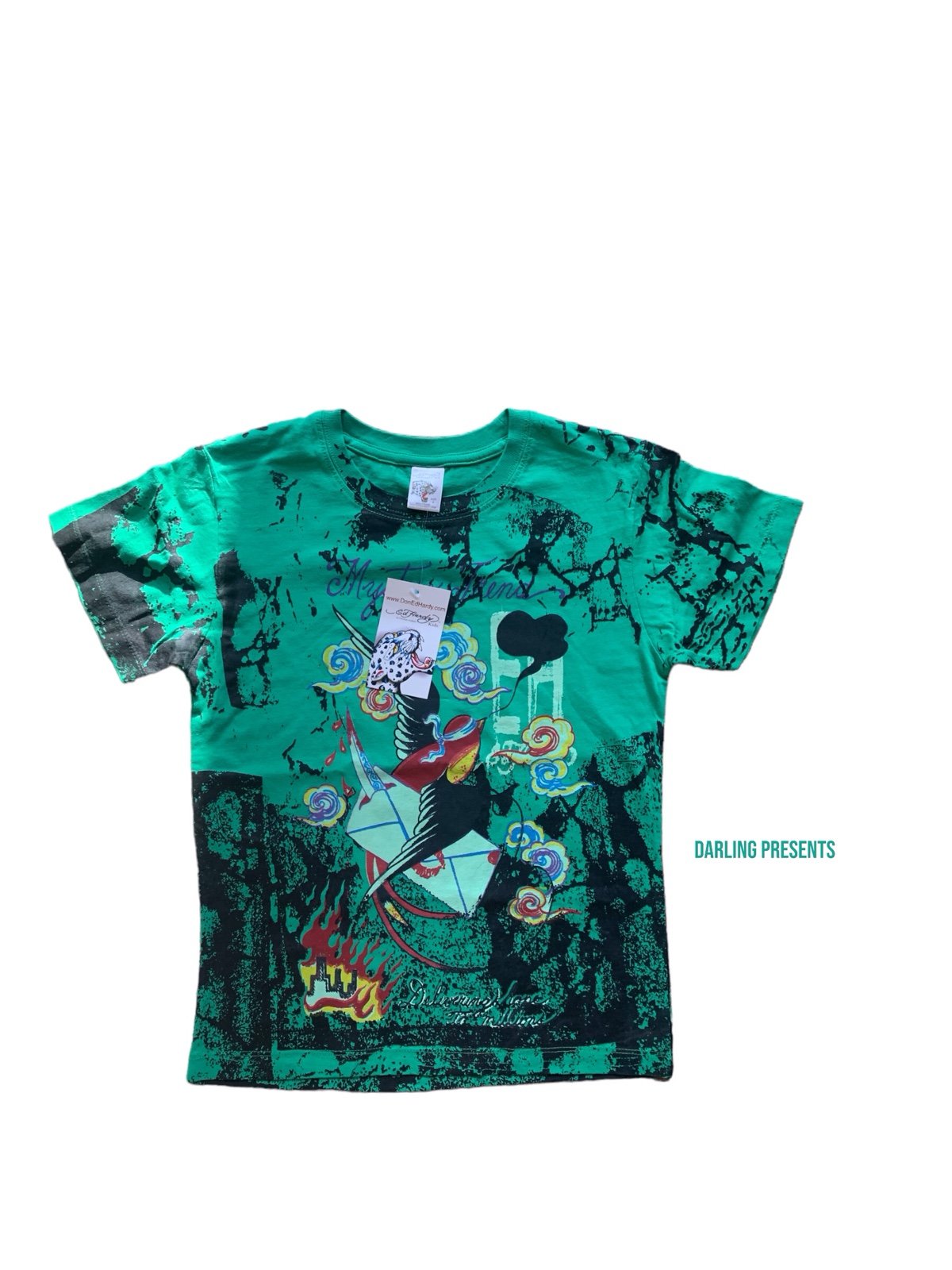 ED HARDY BY CHRISTIAN AUDIGER GRAPHIC TEE SHIRT BOYS COLOR GREEN SIZE L