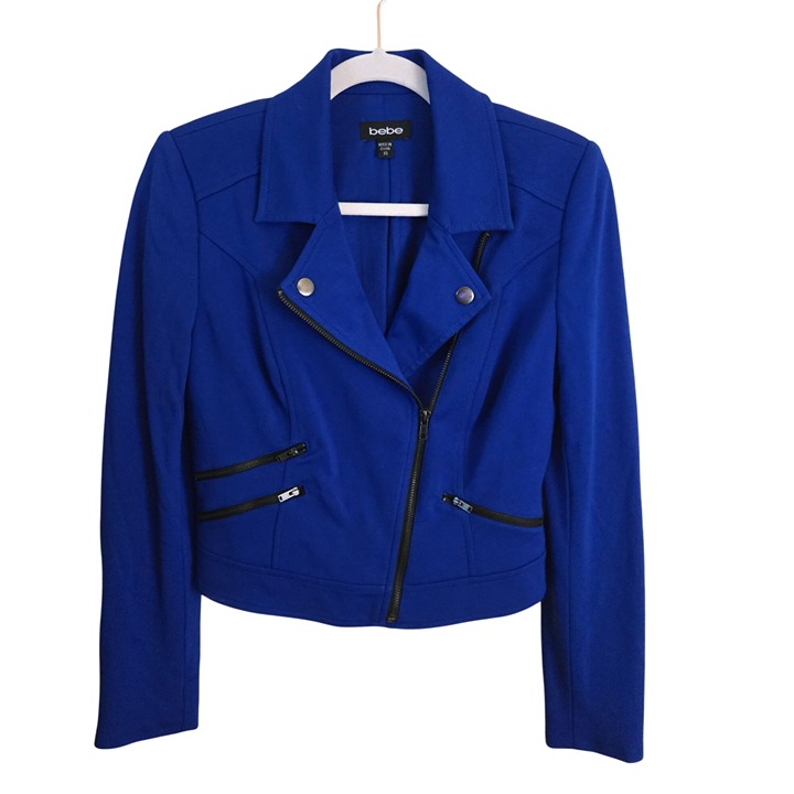 Bebe Cobalt Blue Knit Moto Jacket Black Zip Detail Size XS