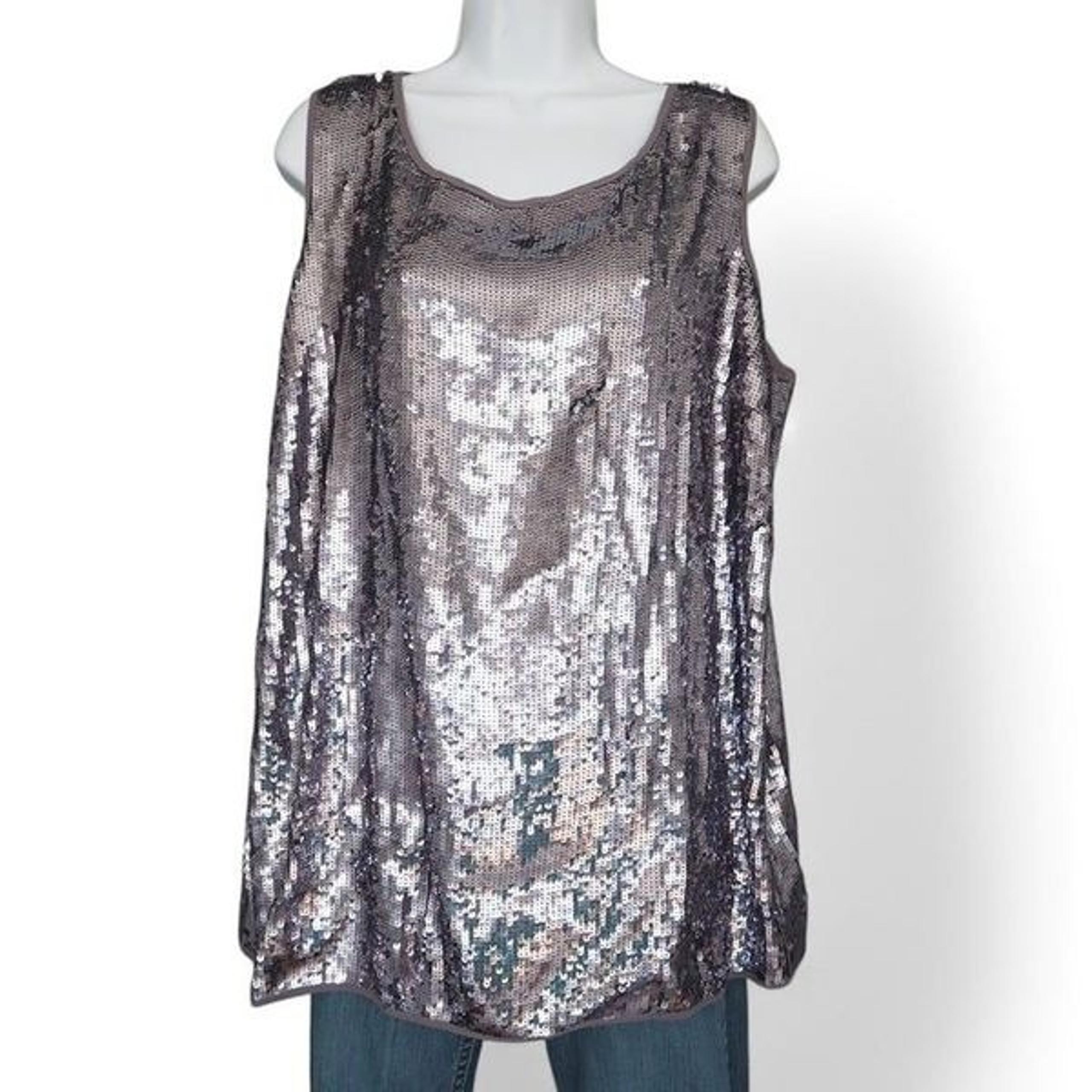 Twiggy London Sequined Metallic Scoop Neck Sleeveless Top Silver Women's 1X