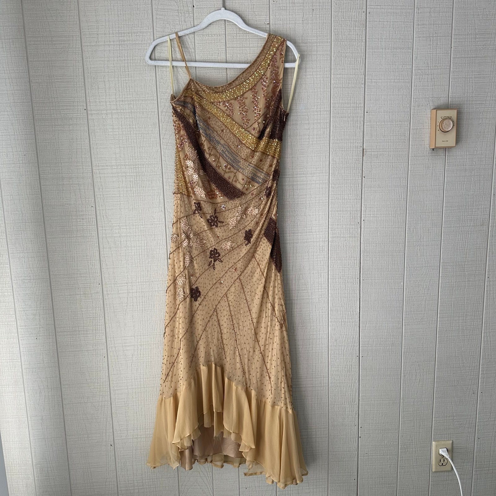 Vintage Y2K Beaded Embroidered Ruffle Gold Brown Nude Midi Dress Silk Size 14