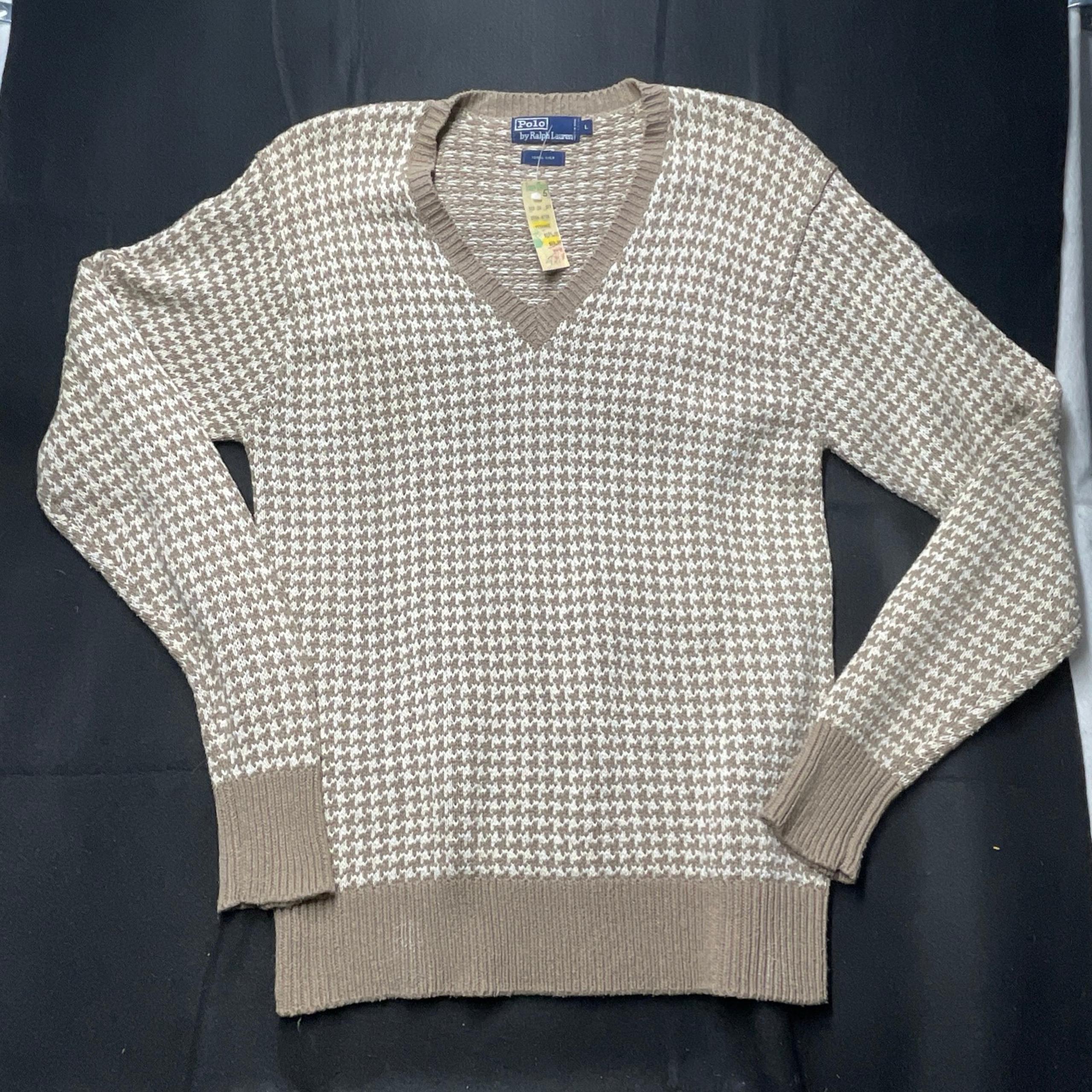 New Polo Ralph Lauren Ladies L Sweater Silk Houndstooth 90s Vtg Tan White nos