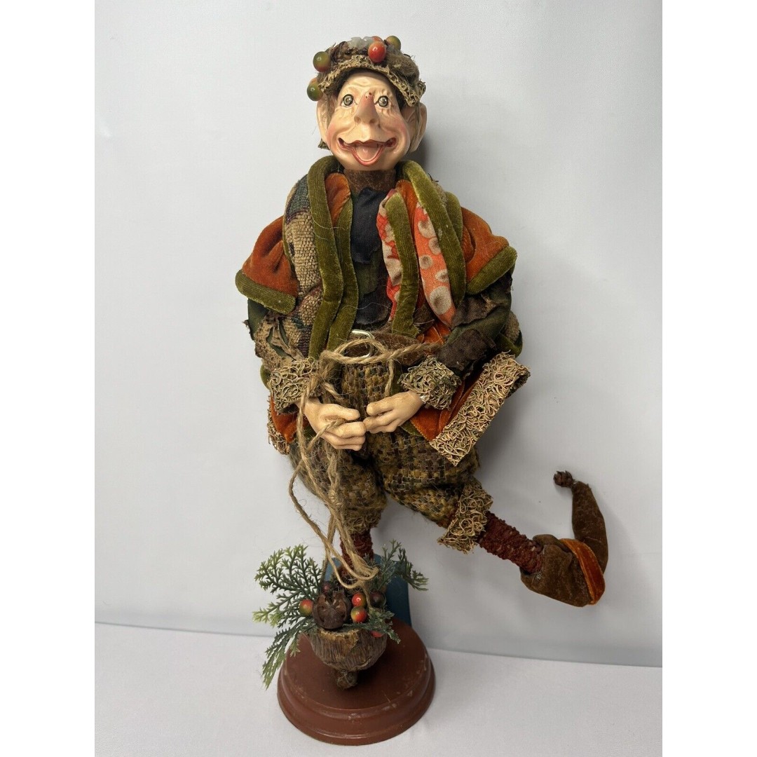 Vintage Elf Fairy Norway? Troll Woodsman Doll 14” Folk Art Hat Basket Acorn Cute