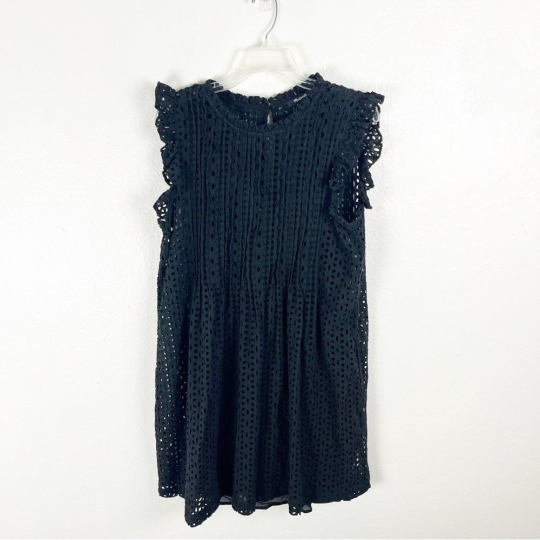MADEWELL Black Eyelet Ruffle Sleeve Pintuck Lined Dress, Size Large