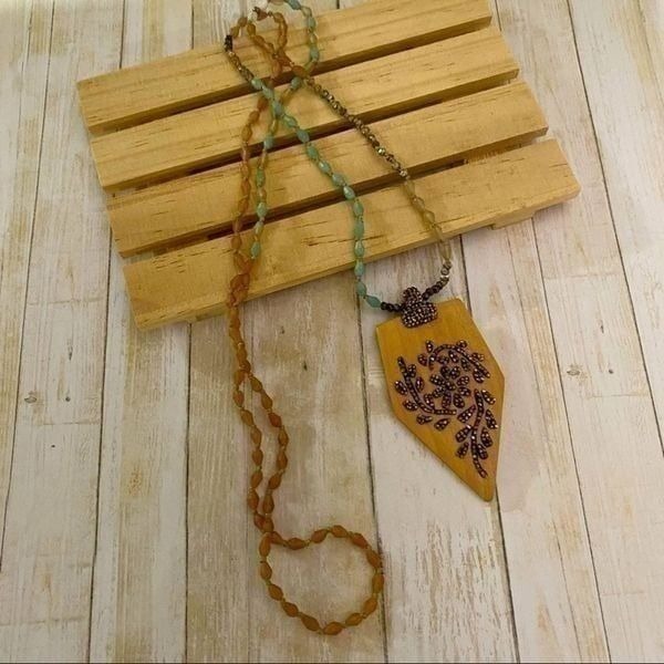 Wood Carved Arrow Pave Crystal Necklace