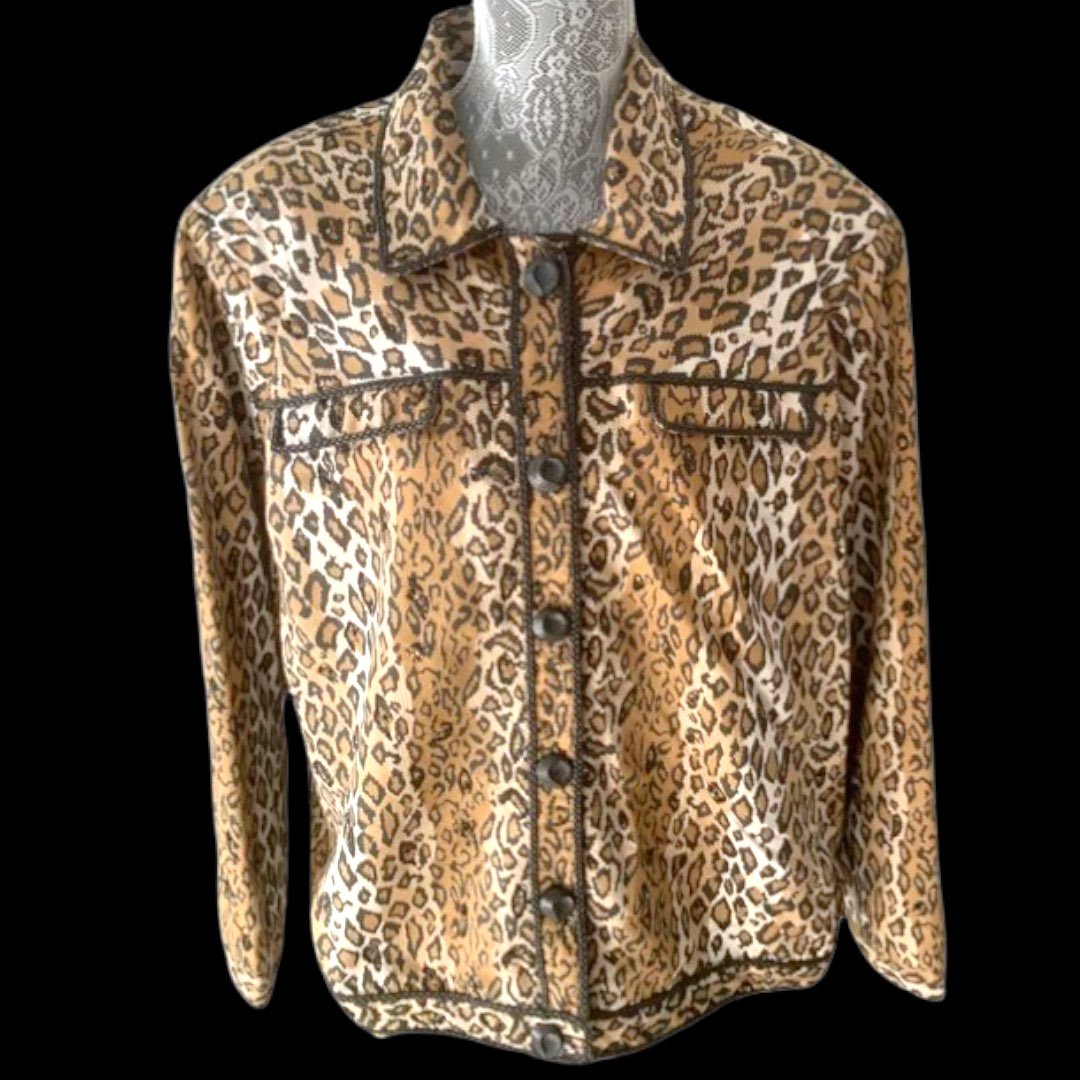 ANAGE leopard motif Jacket w/ Leather braid piping Sequins L