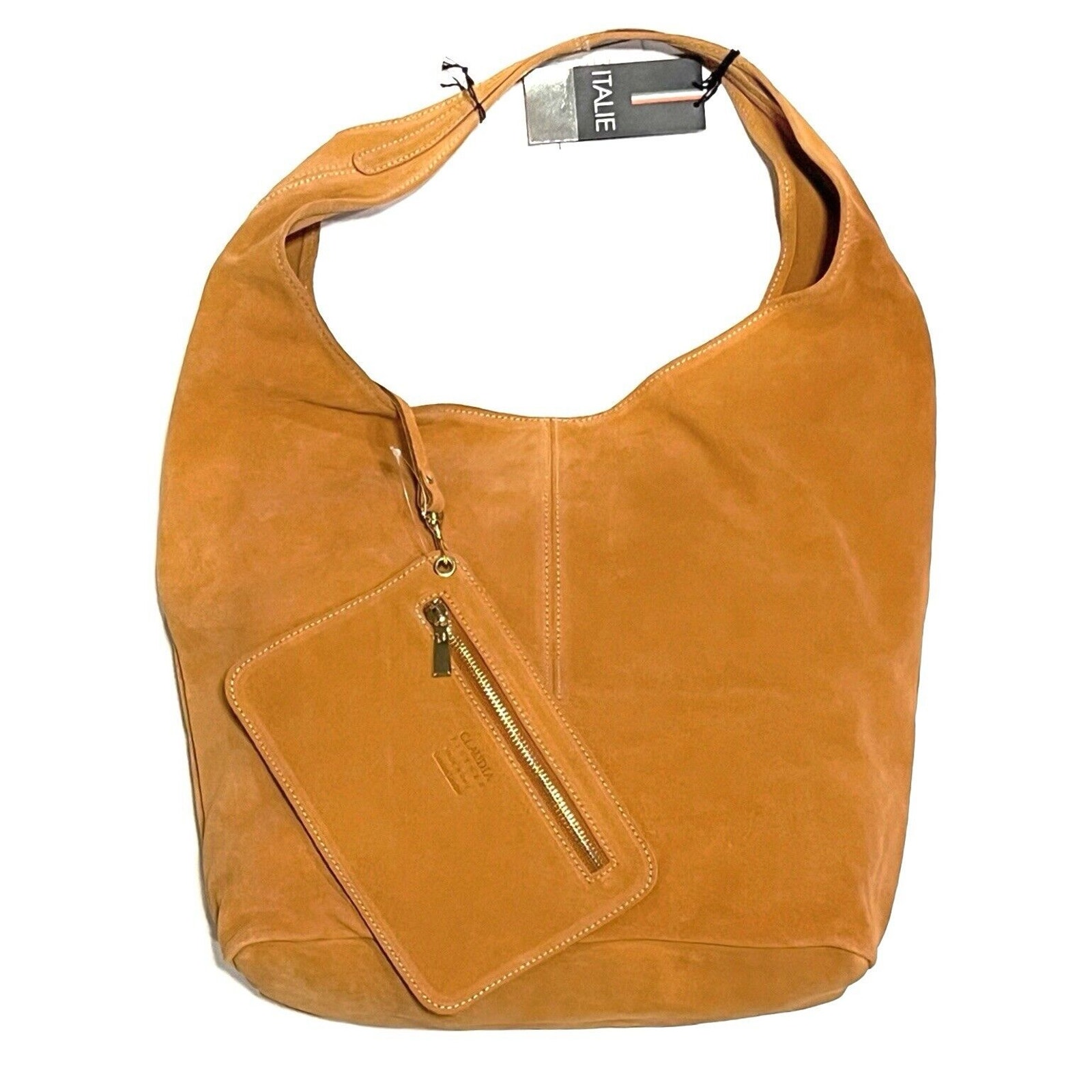 Claudia Firenze Suede Hobo Shoulder Bag Orange NWT Made In Italy Zippered Pouch
