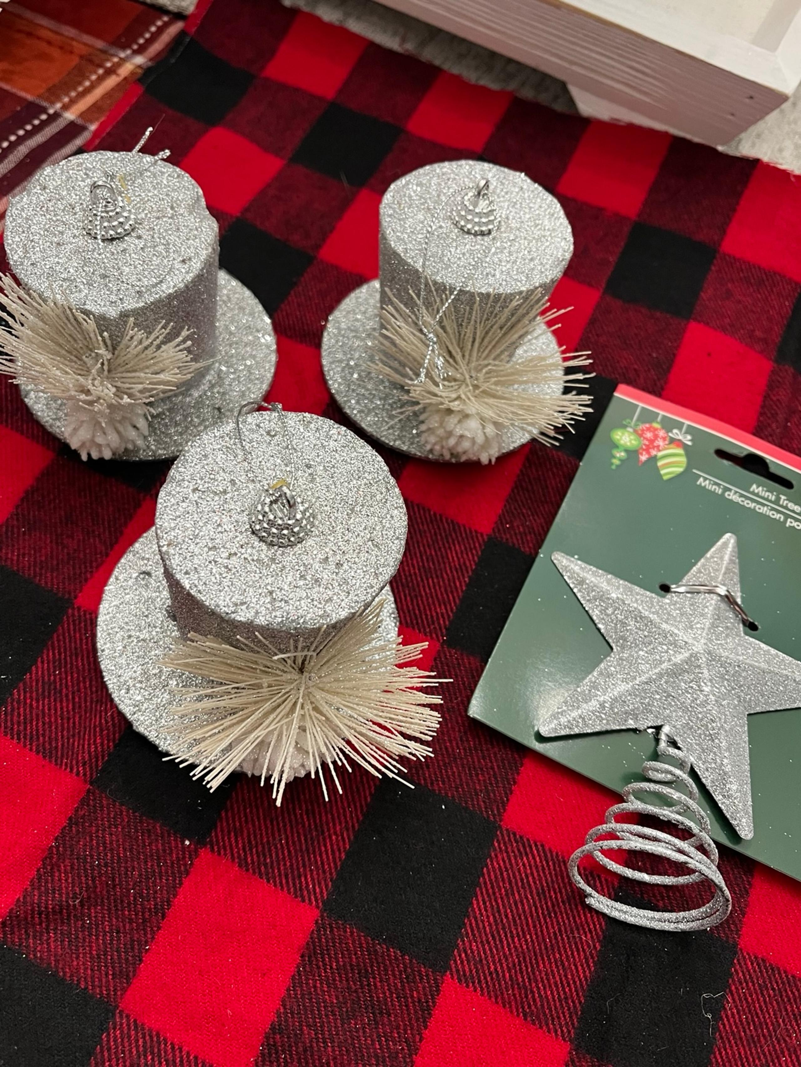Christmas silver glitter ornaments, and mini tree topper