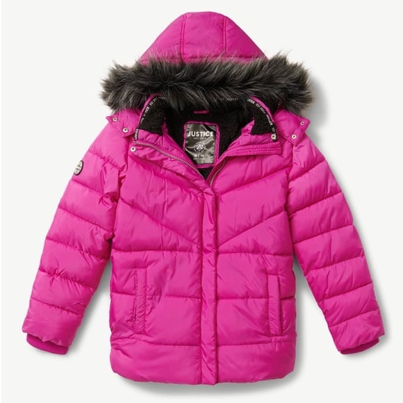 Justice Girls Puffer Jacket with Faux Fur Lined Hood