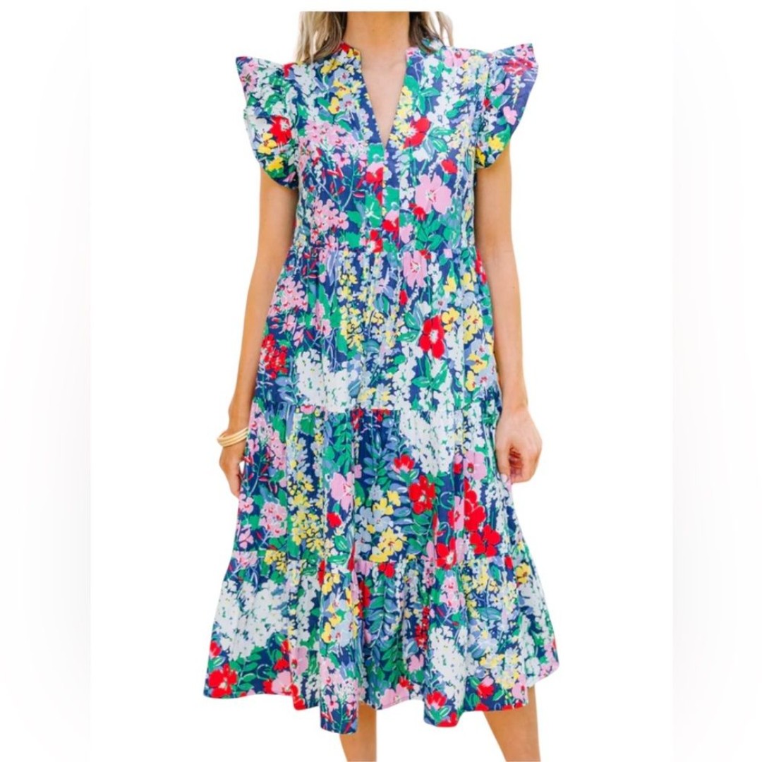 Entro Ruffled Tiered Sundress Floral Cap Sleeves V-Neck S